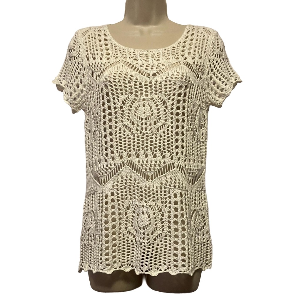 One World White Crochet Knit Short Sleeve Top Scoop Neck Petite Small PS